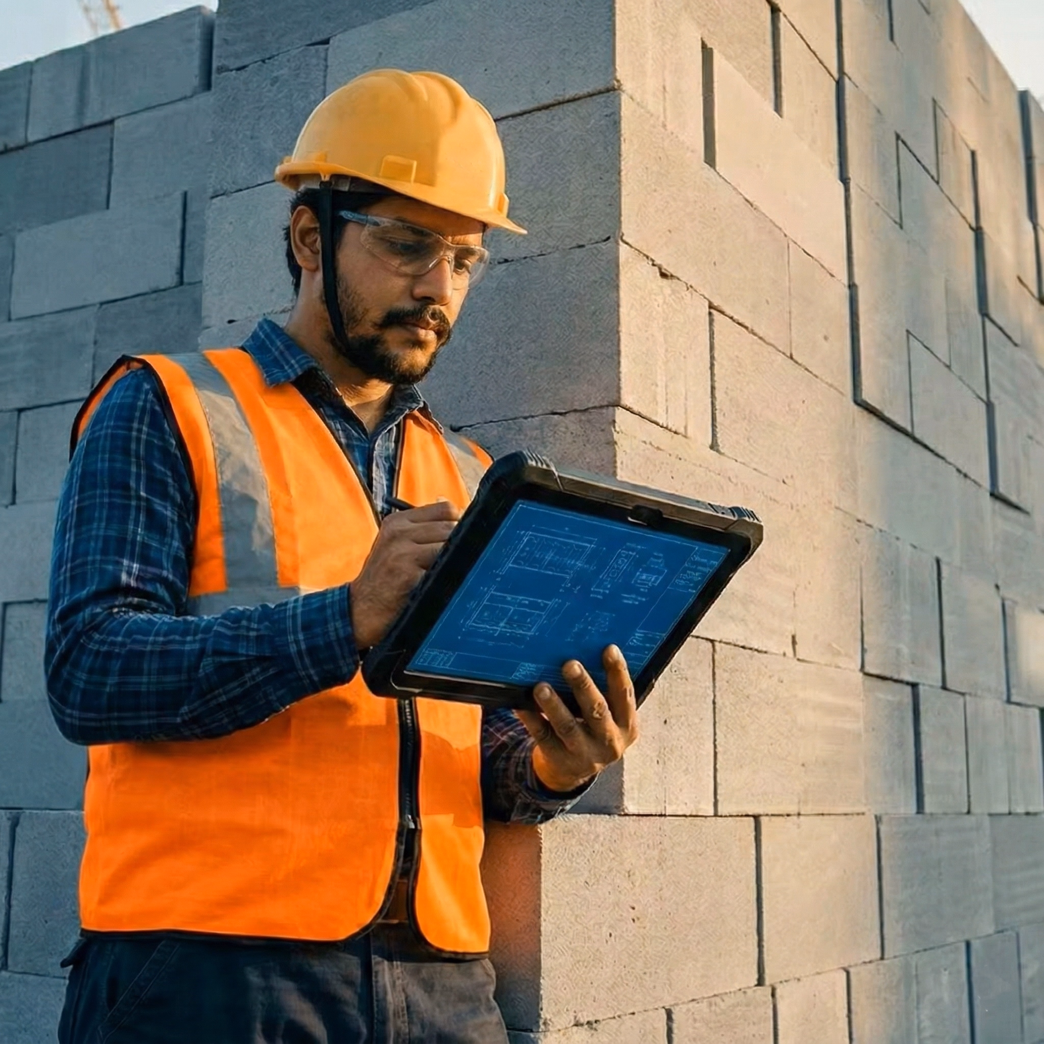 Structural engineer reviewing a blueprint